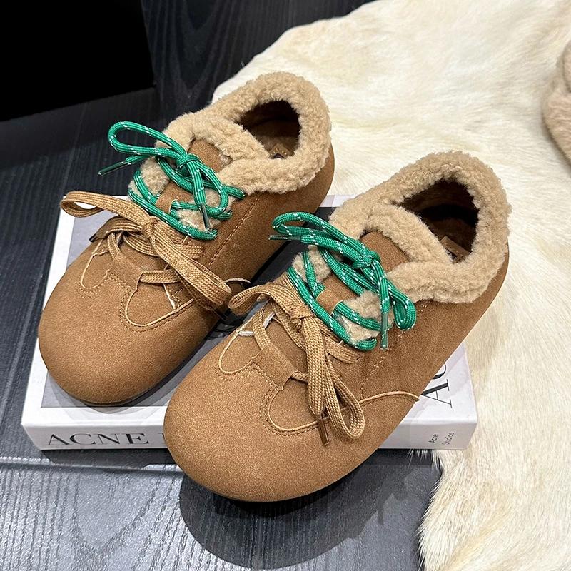 Winter New Flat Shoes Women's Round Head Suede Front Lacing Soft Sole Anti-slip Wear-resistant Short Boots