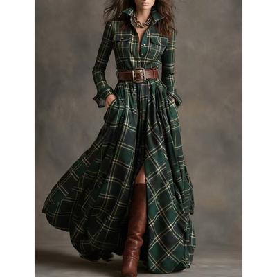 Woman's Checkered Print Long Dress Spring Autumn Fashion Flip Collar Single-breasted Dresses Ladies Elegance with Belt Vestidos