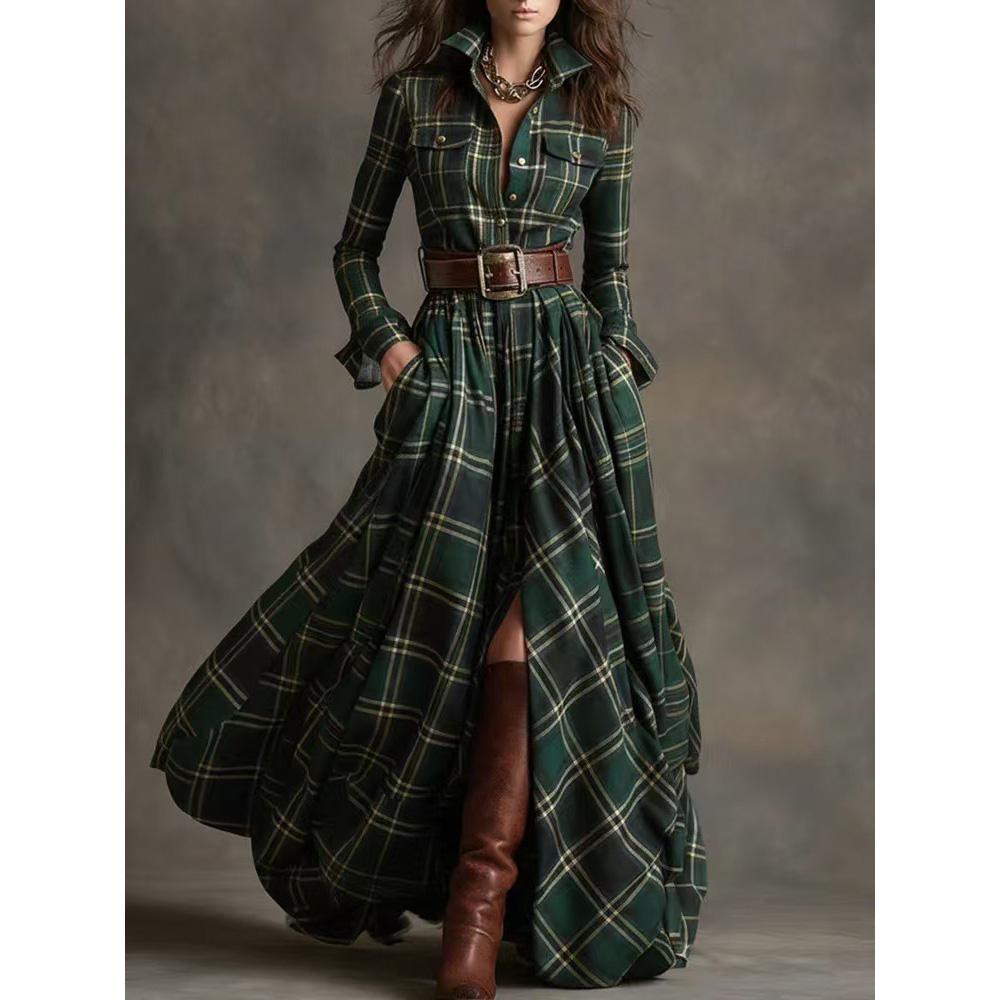Franska Retro Rutigt Tryck Slits Långa Klänningar Kvinna Elegant Nedvikt Krage Knapp Maxiklänning Höst Långärmad Ficka Boho Klänning