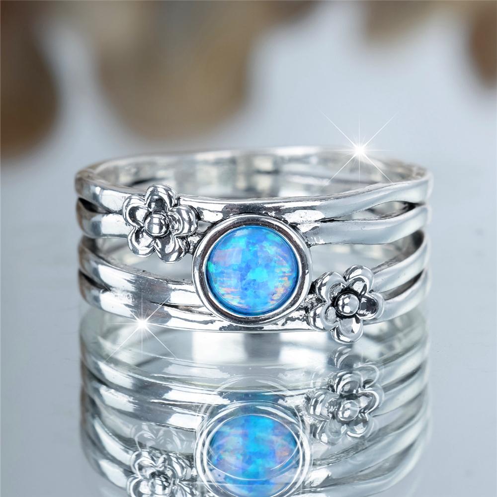 

Charm Female Blue Round Fire Opal Stone Flower Ring Silver Color Wedding Jewelry For Women 9