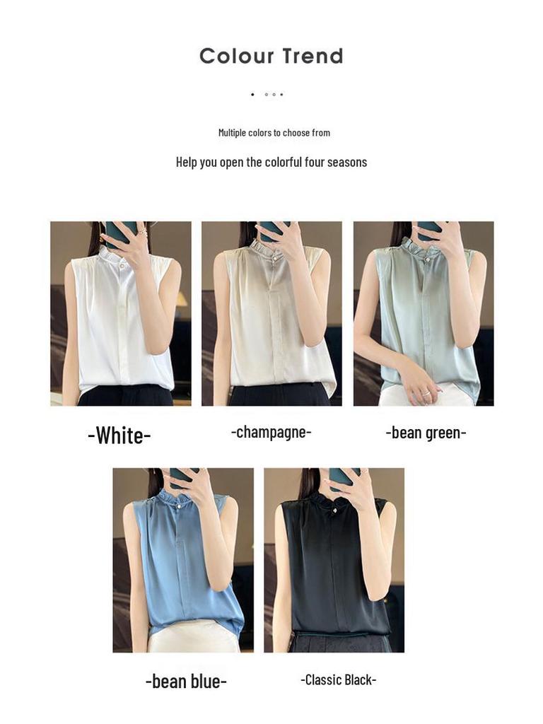 Women's Satin Sleeveless Tank Top with Lace Ruffle Stand Collar