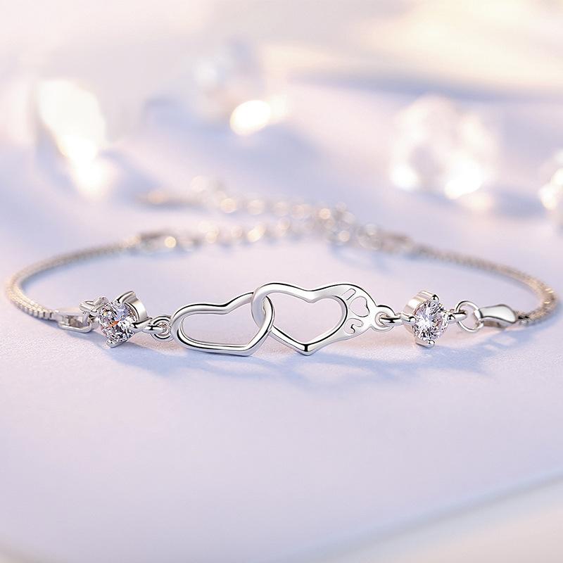 Yunzhi 925 Silver Electroplated Double Heart Chain Bracelet Women s Anniversary Double-Layer Heart-Shaped Headscarves 18cm