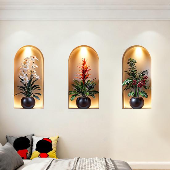 3Pcs 3D Flower Wall Stickers, Realistic Flowers Vase Wall Decals, Waterproof Self-Adhesive Potted Plants Stickers, Greenery Wall Stickers for Living
