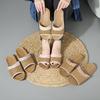 Woven Rattan Slippers With Soft Linen Lining, Casual Open Toe Slip On Shoes, Comfortable Indoor Home Slides