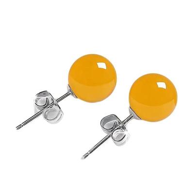S925 Sterling Silver Yellow Agate Stud Earrings: Women's Retro Chinese Style Round Bead Jewelry