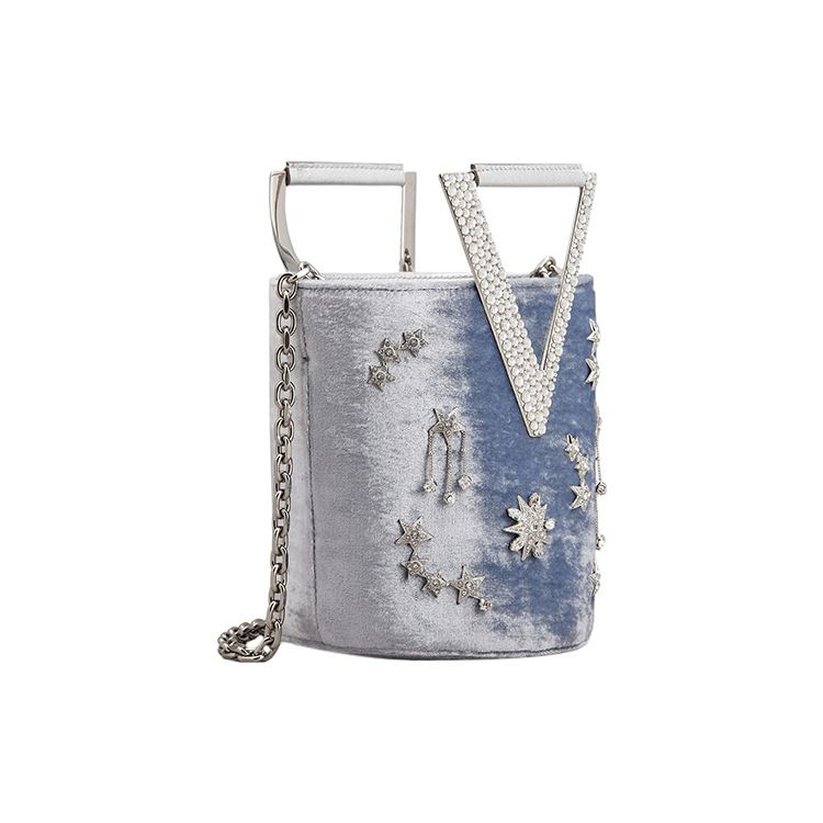 Roger Vivier RV Strass Constellation Letter Handle Rhinestone Decor Velvet Bucket Bag Mini Women bags Light-Blue RBWANNKN100QEG4640