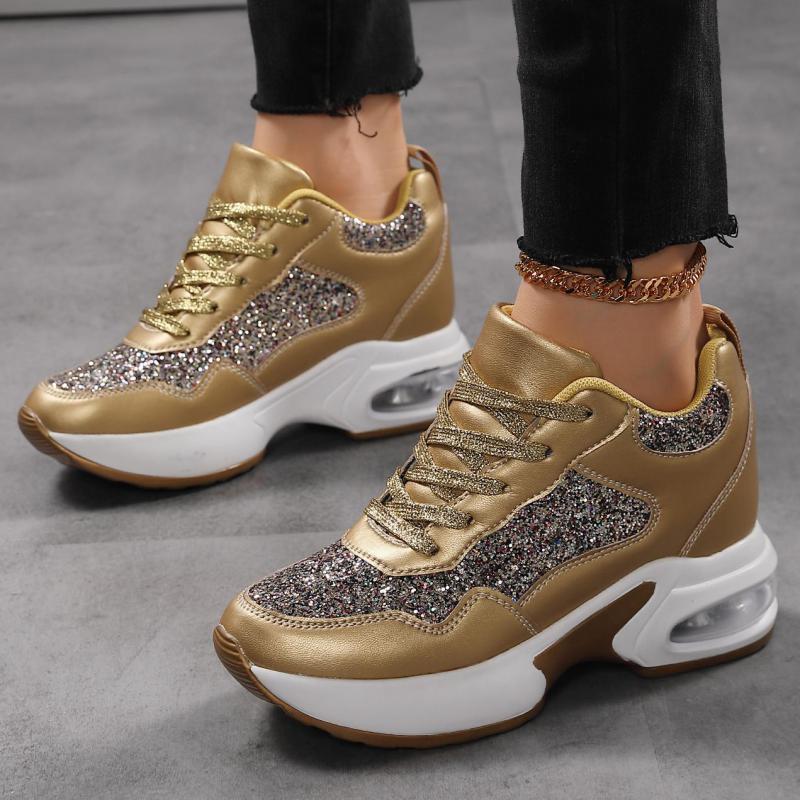 Fashion Winter Leather Hidden Platform Sneakers Silver Thick Sole Casual Shoes Women Bling Shoes Autumn Lace-up Height Increase Shoes