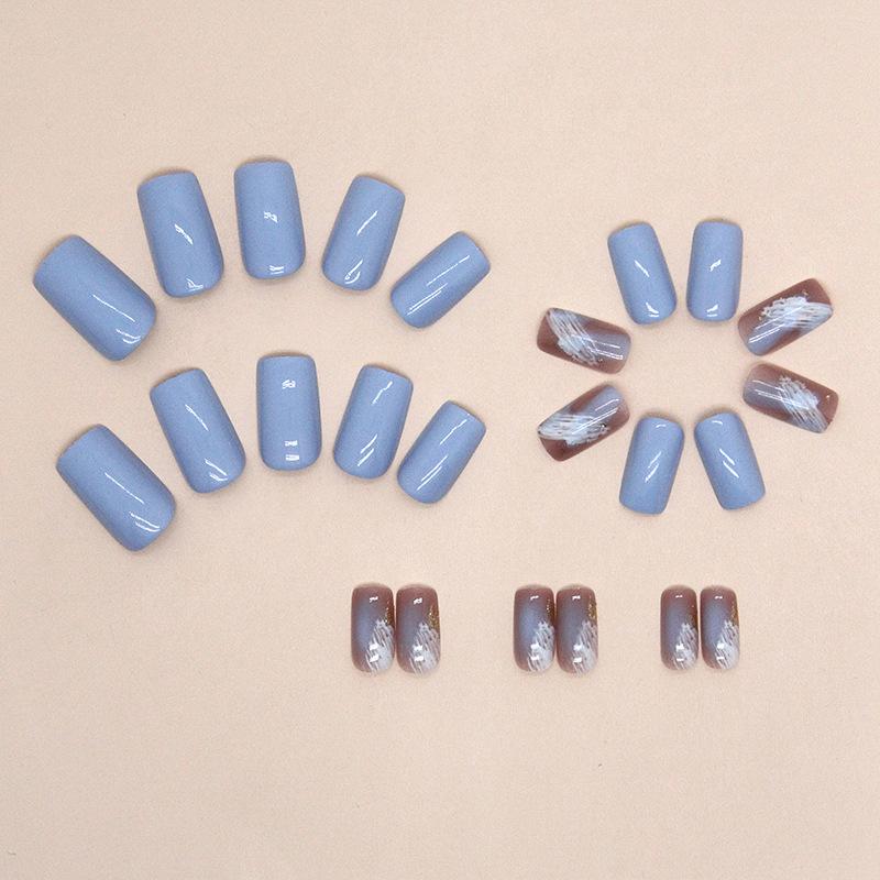 Temperament is simple and white, blue manicure, European, American medium and long square fake nail products, wearing nail mixed batch