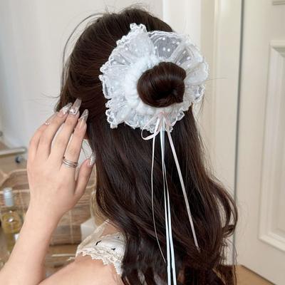 Ins Chiffon Falten Scrunchies Schleifenband Gepunktete Scrunchies Spitze Süße Übergroße Haarseile Pferdeschwanzhalter