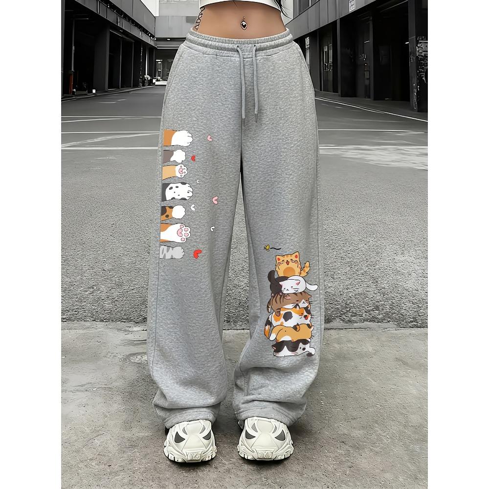 Damen Gerade Beine Lässige Jogginghose, Niedlicher Katzenaufdruck, Kordelzug Elastische Taille, Amerikanischer Lässiger Trendiger Stil