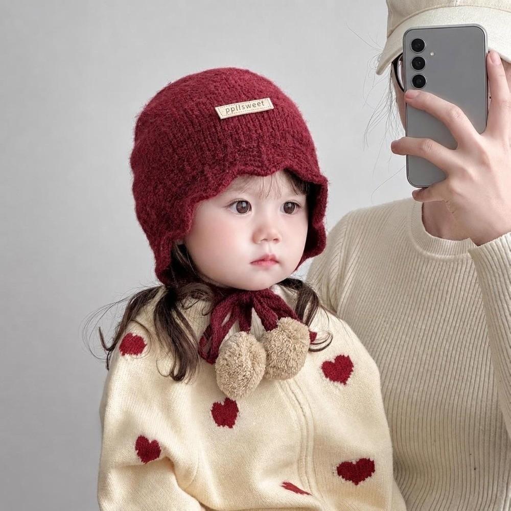 Pompom Baby Knit Hat Ear Protection Lacing Bonnet Soft Earflap Hats For Kids
