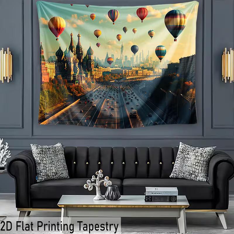 2D European City Backdrop Moscow Cathedral with Colorful Hot Air Balloons Party Photo Background