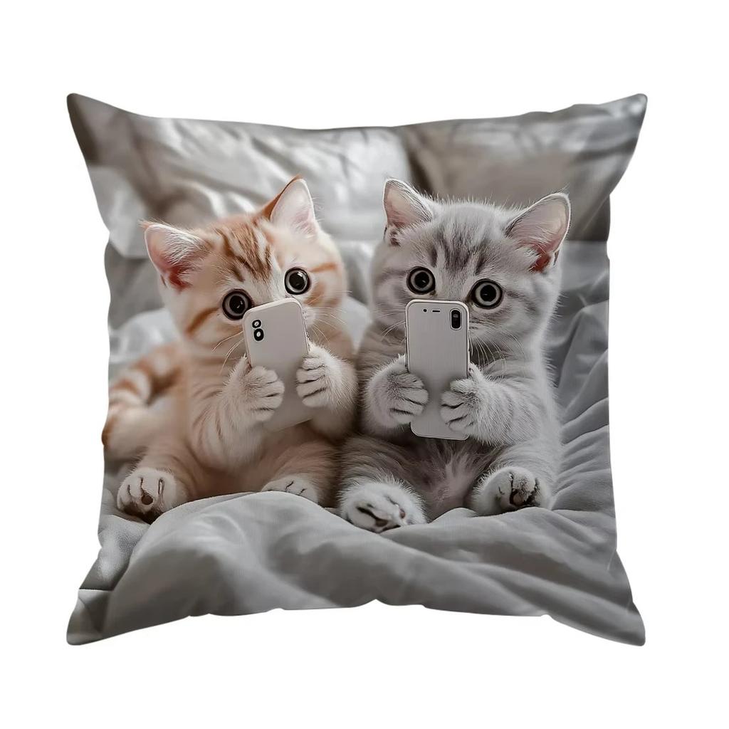 Home Decor Cute Kittens With Smartphones Printed Pillowcase Pattern Cushion Cover Suitable For Sofa Bedroom Car Pillow Cover