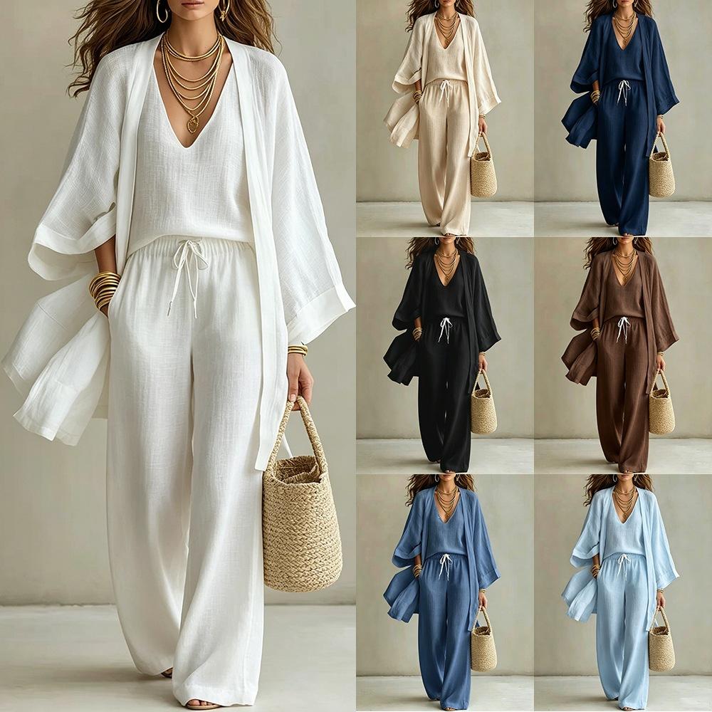 Women's Two-piece Outfit Set Three Quarter Sleeve Cardigan Top Elastic Waist Wide Leg Pants Linen Casual Lounge Set