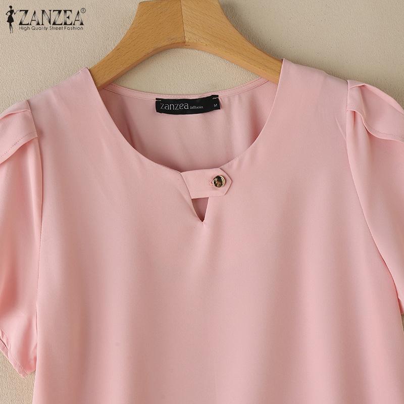 ZANZEA Women Casual Round Neck Solid Color Summer Short Sleeve Blouse
