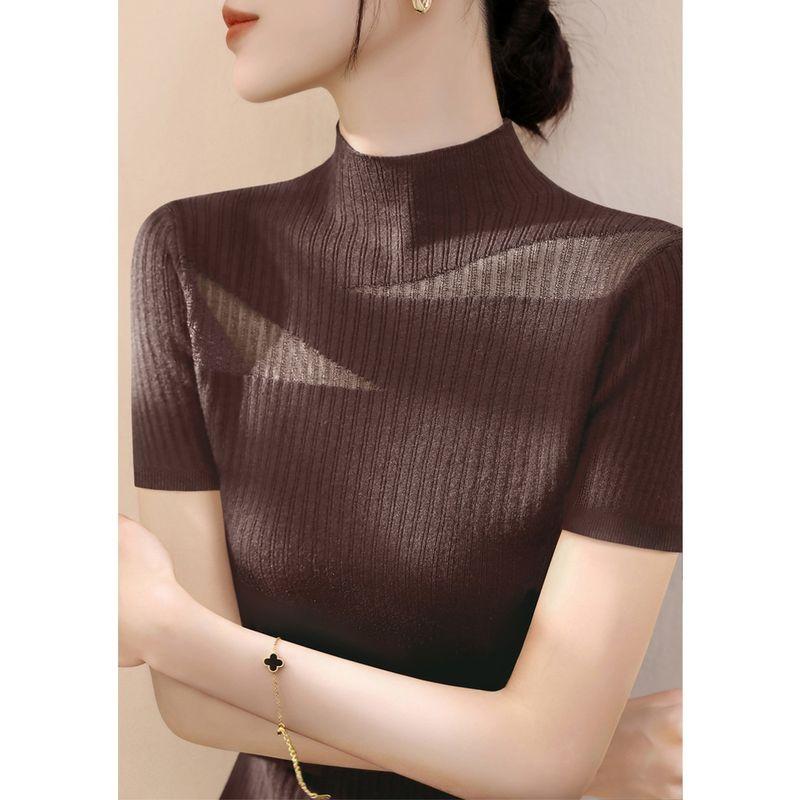 

Тонкий свитер с коротким рукавом и полувысоким воротником из ледяного шелка для женщин, летняя новинка, лиоцелл, тенсел, кружевной сетчатый топ фиолетового цвета Dark Brown ~ high quality fabric S