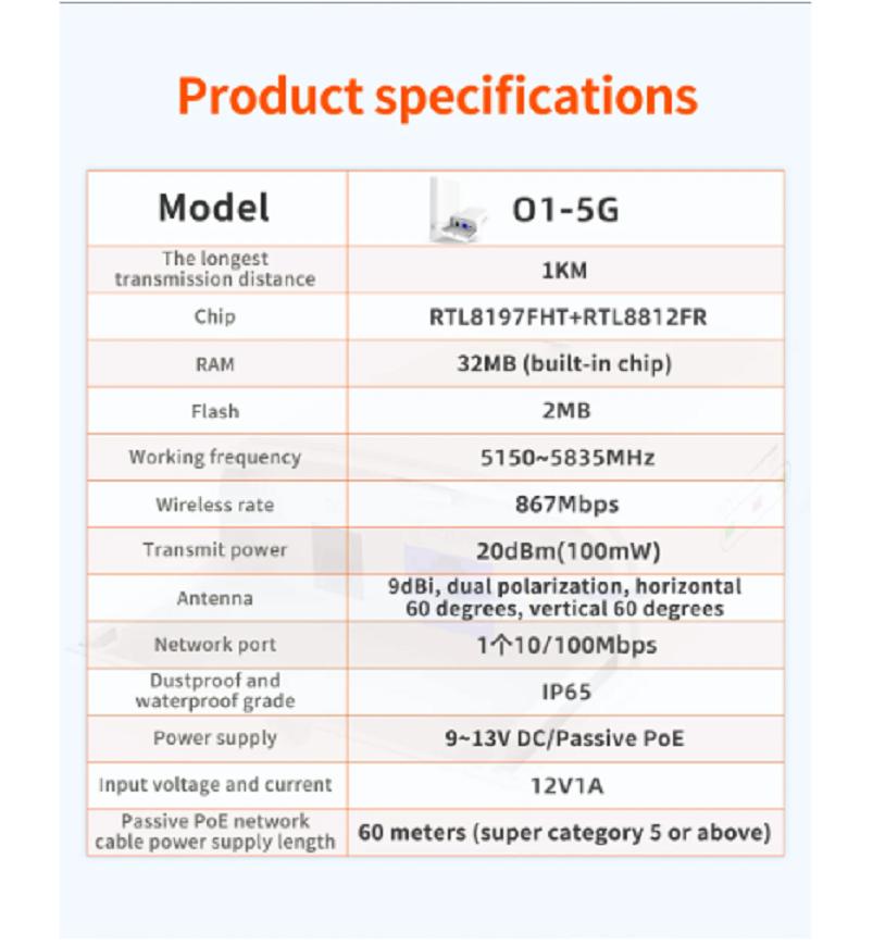 (A pari)Tenda O1-5G 1KM 5GHz Outdoor CPE Wireless 9dbi WiFi Repeater Extender Router Access Point with POE DC Adapter(2 Pcs)