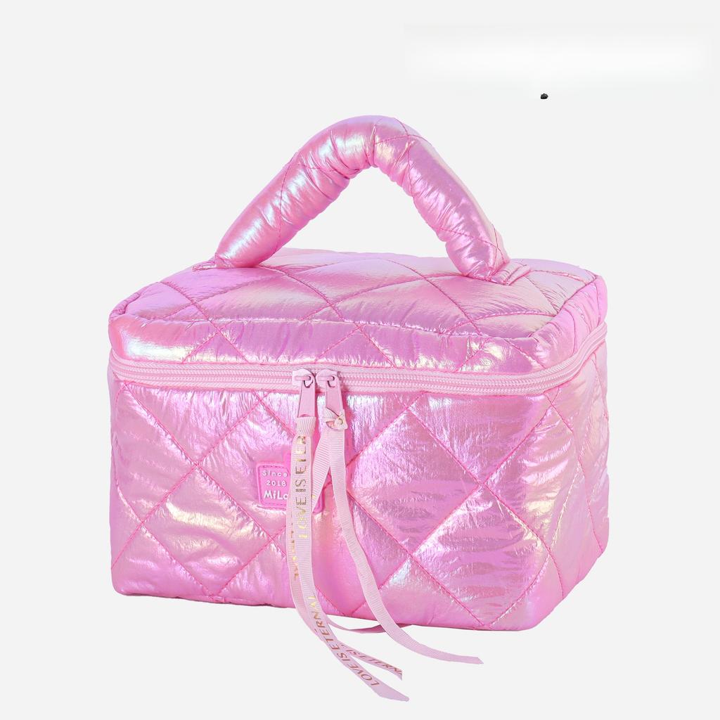 Glossy Waterproof Large Capacity Travel Storage Bag, Diamond Quilted Handheld Makeup Bag, Divided Waterproof Travel Wash Bag
