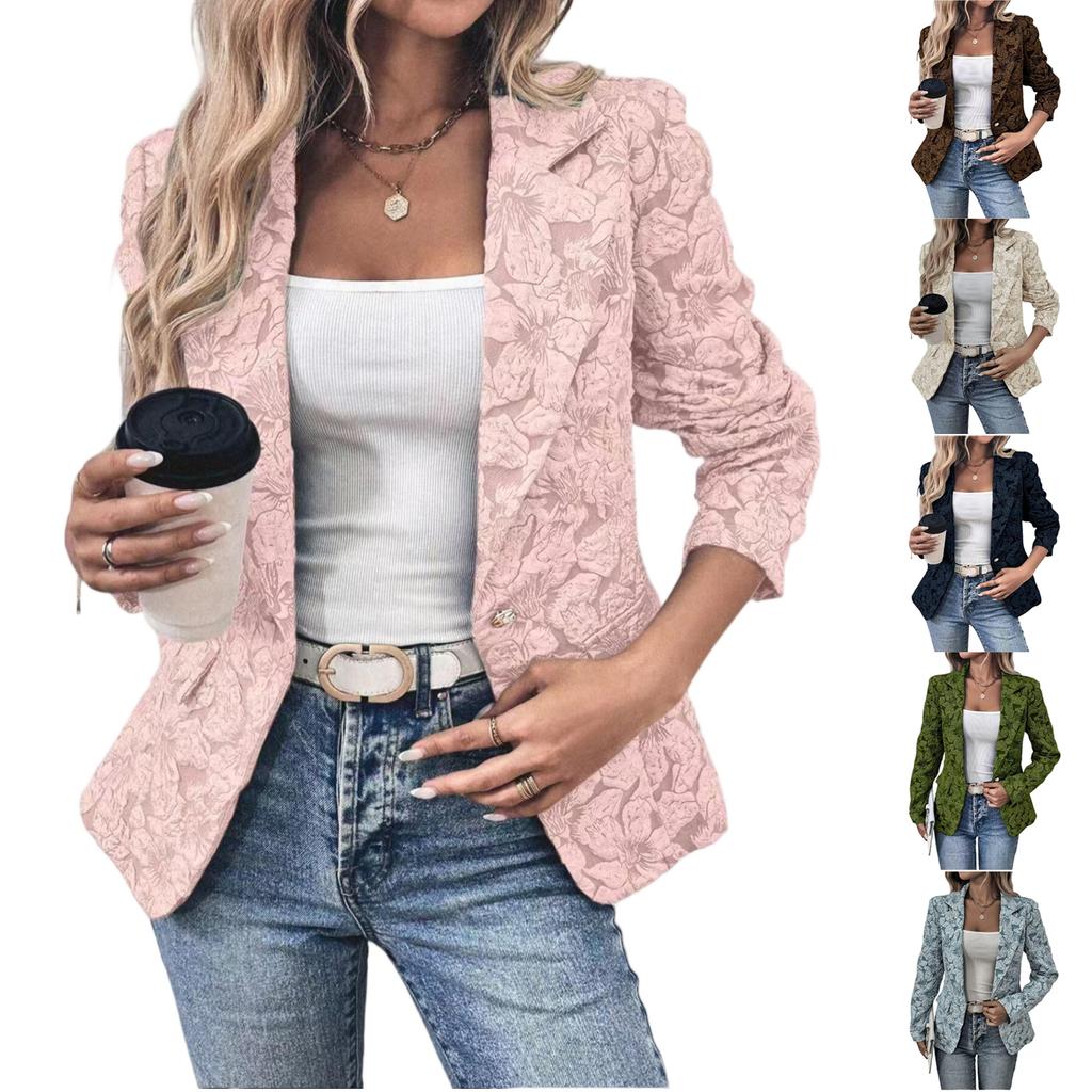 Women's Fashion Lapel Button Long Sleeve Casual Vintage Jacquard Slim Fit Blazer Jacket for Office Work Daily Wear