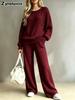 Women's Autumn Chunky Knit Casual Set Long Sleeve Top Wide Leg Pants Two Piece Outfit Fashion Wear