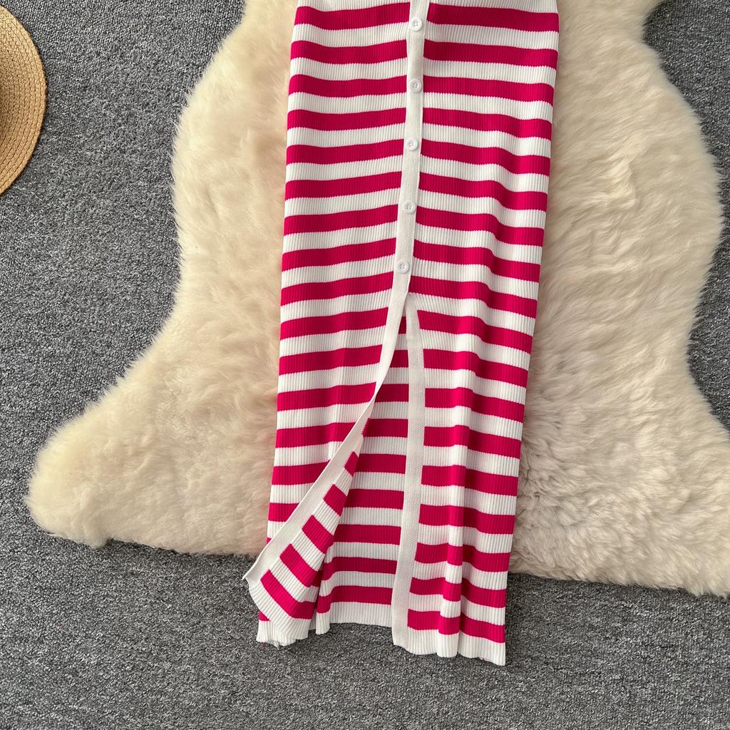 Summer Women Casual V-neck Striped Knitted Sweater Long Maxi Split Slim Bodycon Sheath Dresses