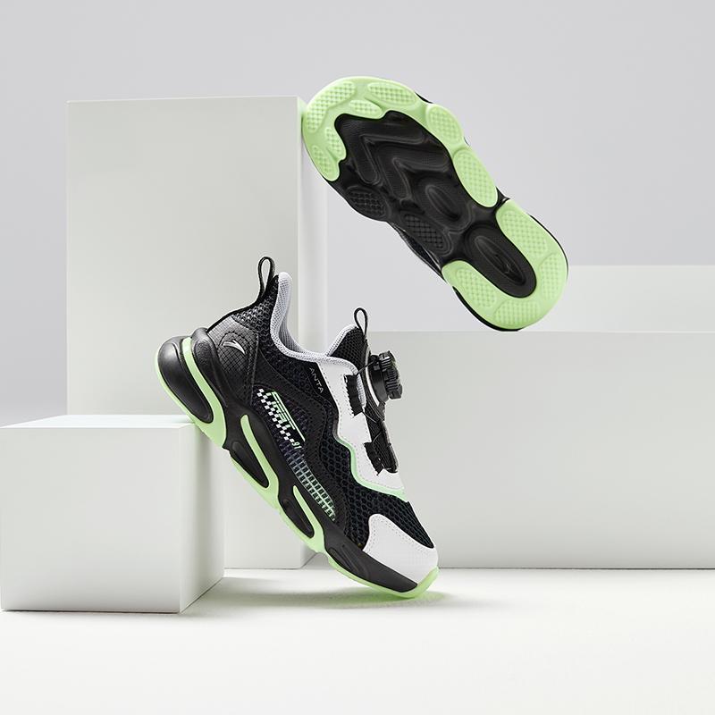 Anta Trendy Versatile Lightweight Shock Absorbing Breathable Low Top Kids Running Shoes Kids sneaker Black White Green A12439974-1
