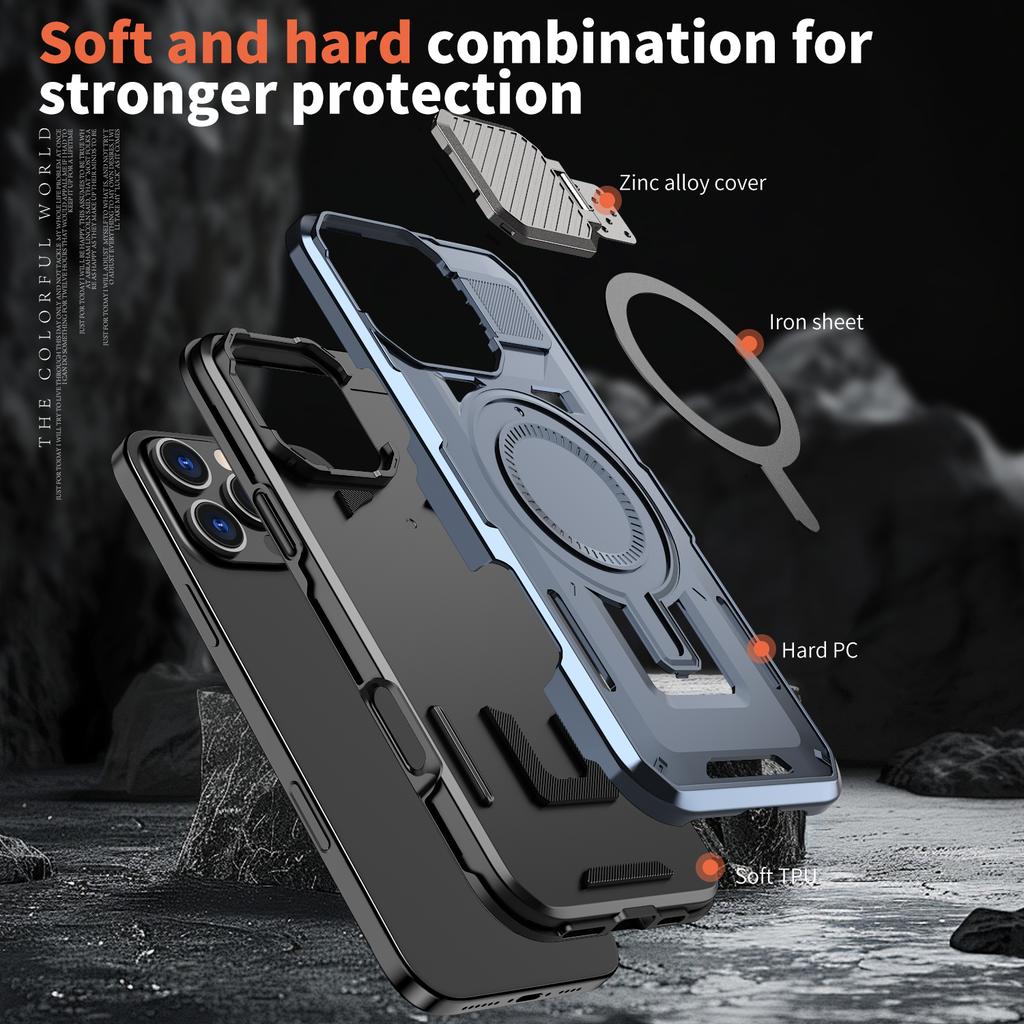 For iPhone 16 Pro Max Case Compatible with MagSafe Lens Lid Kickstand PC+TPU Back Cover