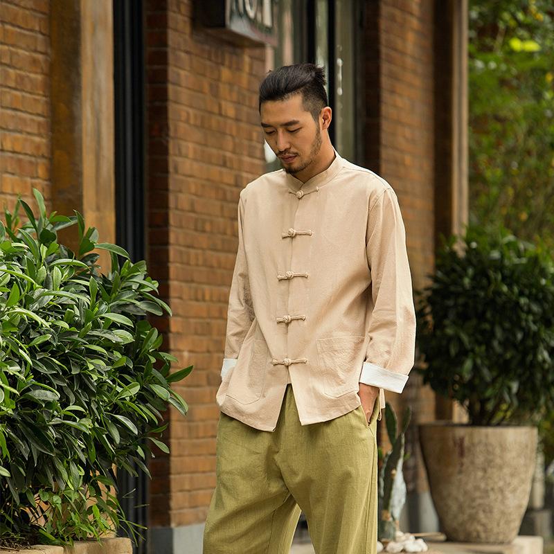 Abito Tang Casual da Uomo in Lino e Cotone, Manica Lunga, Monocolore, Collo Rialzato, Vestibilità Larga