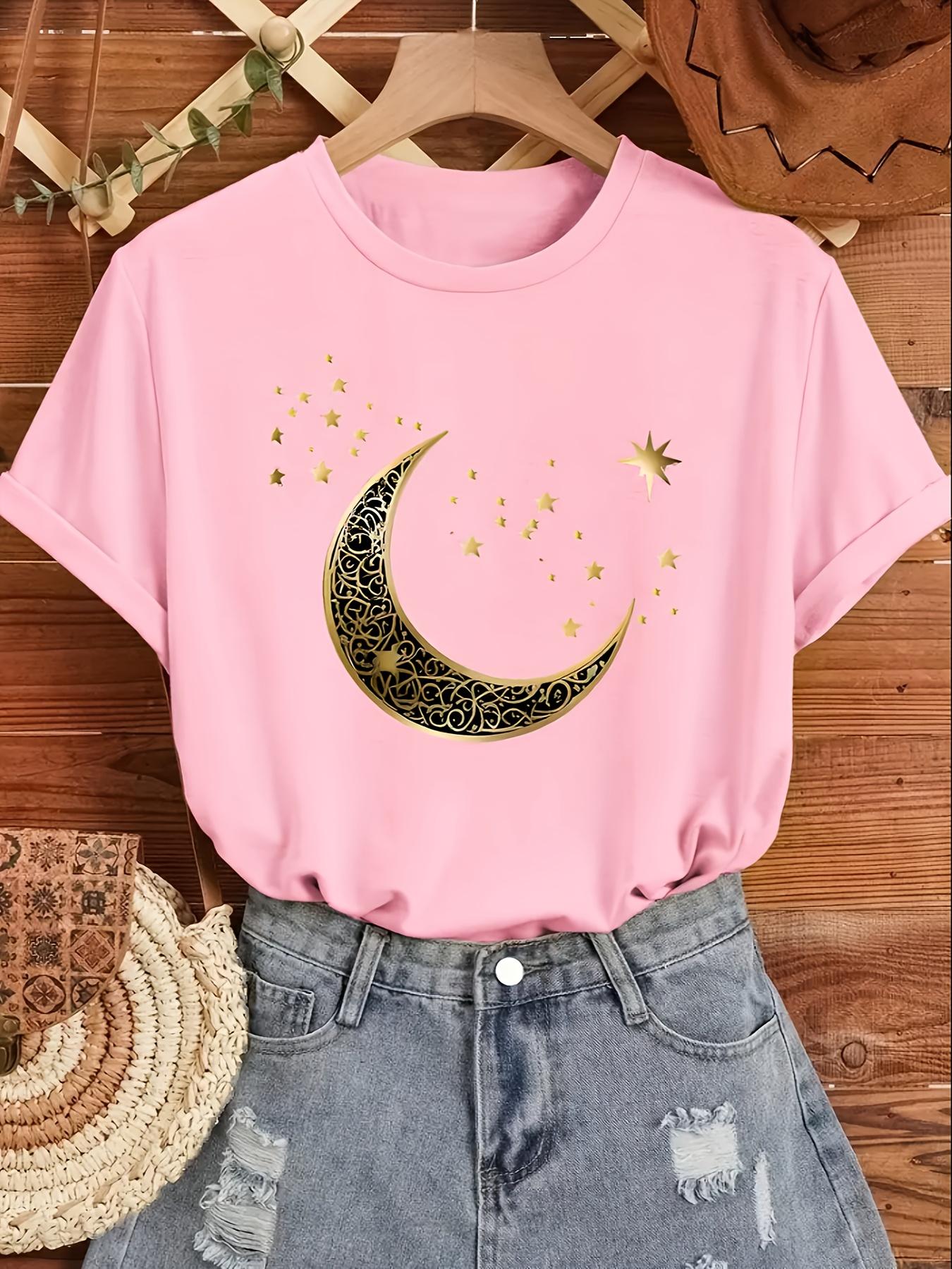 

Women S Elegant Moon Stars Print T-Shirt Casual Short Sleeve Crew Neck Top for Spring Summer Golden Print Top Comfortable Fit S