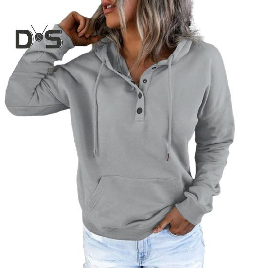 Kvinner Høst Vinter Hettegenser Langermet Løs Pullover Stor Lomme Knapp Dekor Snøring Uformell Myk Varm Hette Elastisk Mansjett Dame Hettegenser Topp