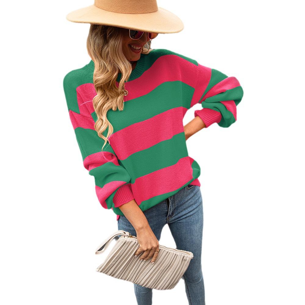 Spring 2025 Plus Size Patchwork Striped Pullover: Casual Knit, Loose Fit, Round Neck Sweater