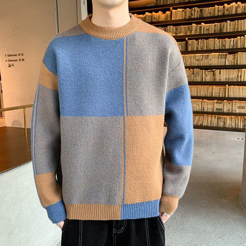 Autumn Winter New Fashion Temperament Patchwork Korean Sweaters Man Casual Loose Y2K Chic Male Tops Knitting Pullover Streetwear