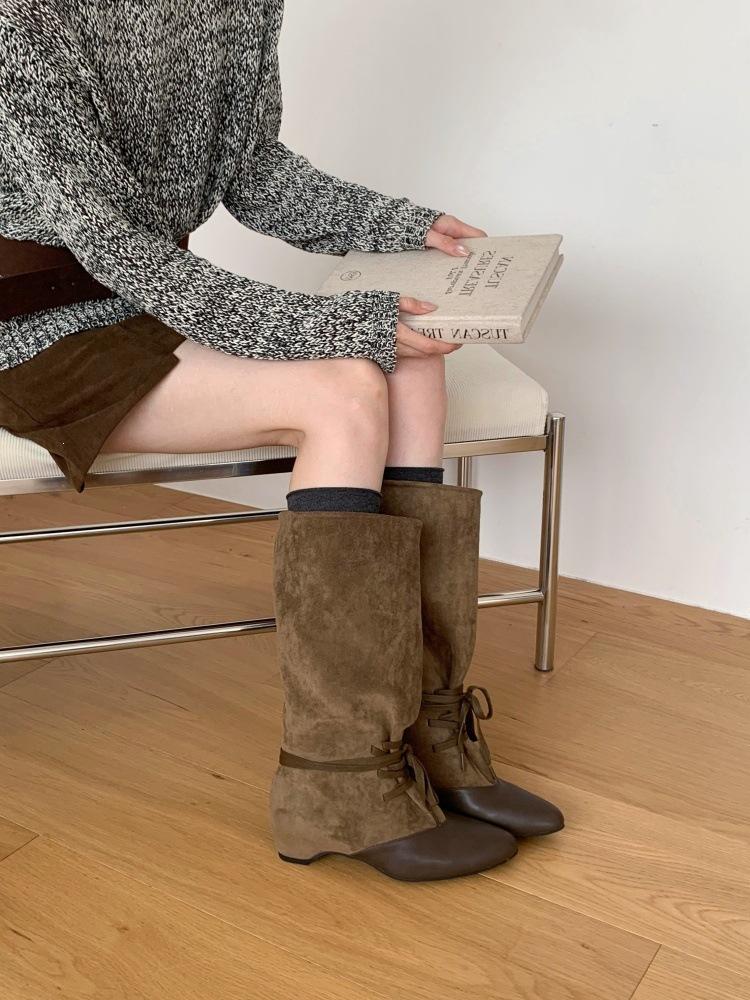 Retro pointed lace-up stacking boots women's autumn new thin mid-tube cowboy boots but knee knight boots