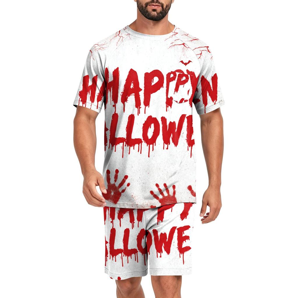 Men's Halloween Casual Pajama Set Short Sleeve Top and Shorts Comfortable Lightweight Sleepwear Set with Pumpkin and Bat Print for Home Use
