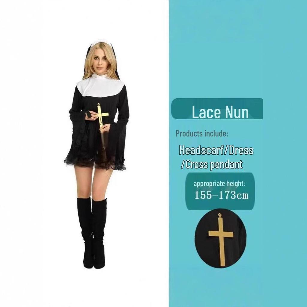 Rochie din Dantelă Cosplay de Călugăriță pentru Femei 2025 - Lungime până la Genunchi, Mânecă Lungă, Ținută de Petrecere