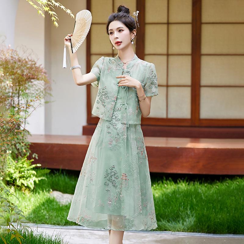 Summer 2024 Women's Chinese Style Two-Piece Suit: Buttoned Jacket & Half Skirt AH2465