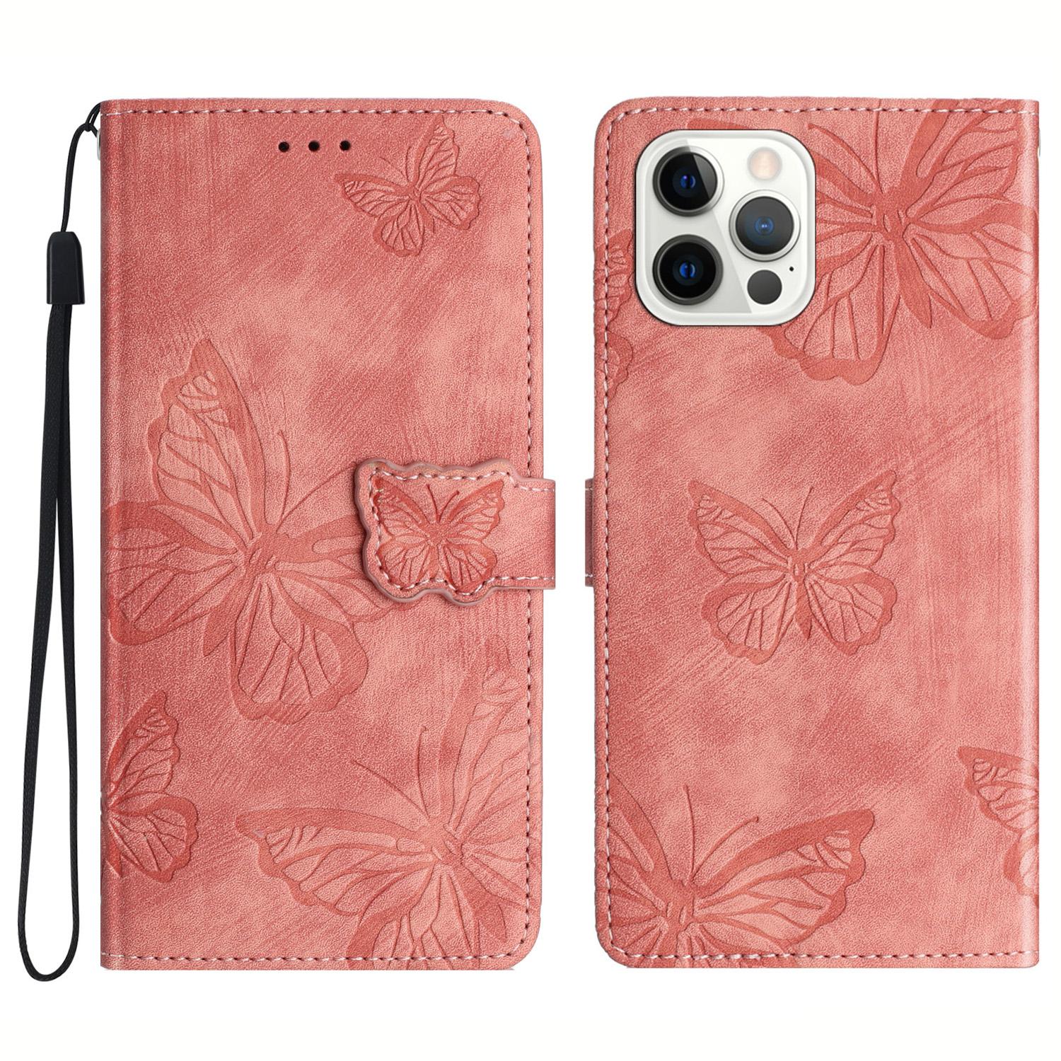 

For iPhone 13 Pro 6.1 inch PU Leather Butterfly Imprinted Stand Wallet Case Skin-touch Phone Cover Pink