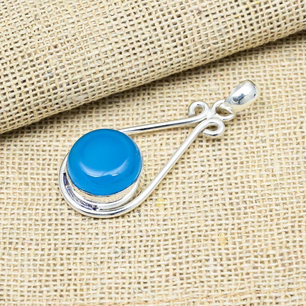 Blue Chalcedony Gemstone 925 Sterling Silver Handmade Jewelry Pendant For Thanksgiving Gift