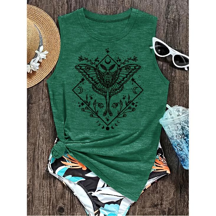 2026 New Geometric Moth Star Moon Print Round Neck Women Sleeveless Vest Soft Comfort Versatile Casual Summer Tank Top