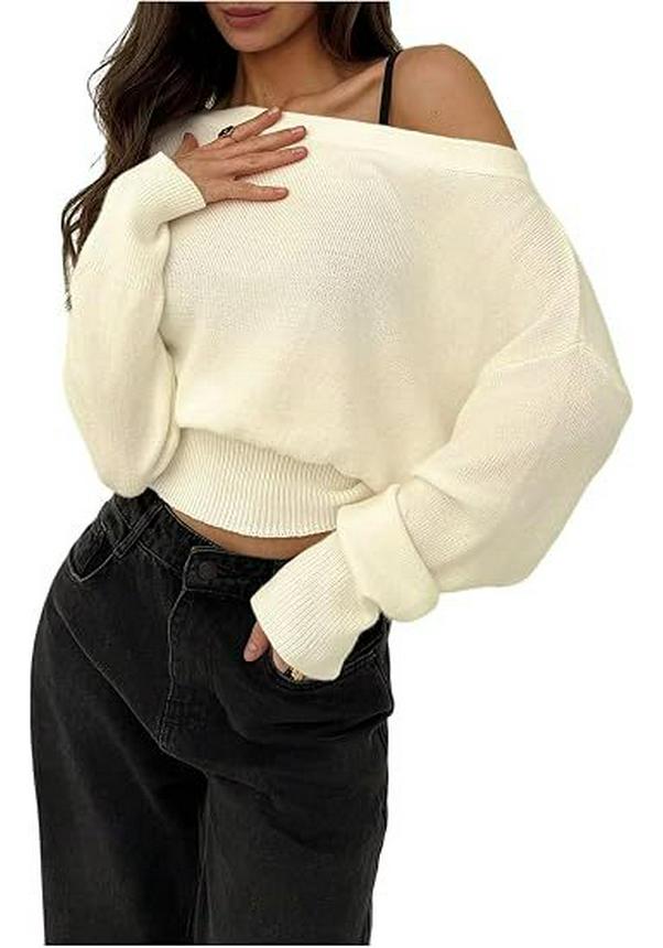 2026 Autumn/Winter European American Off-Shoulder Knit Sweater - Women's Solid Color Pullover, Long Sleeve Top
