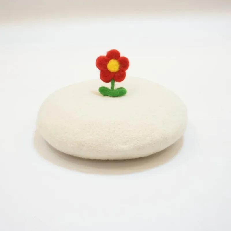 Women's Beret Handmade DIY Fruit Green Apple Painter Hat Cute Girl Little Leaf Woolen Hat Autumn and Winter Outdoor Warm Beanie