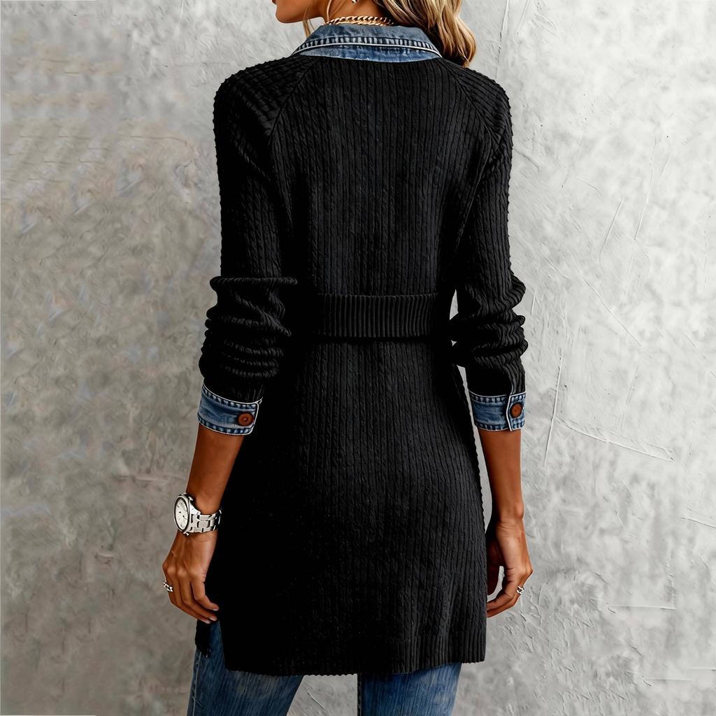 Women's Fashionable Casual Denim Patchwork Long,sleeved Collared Button Dress