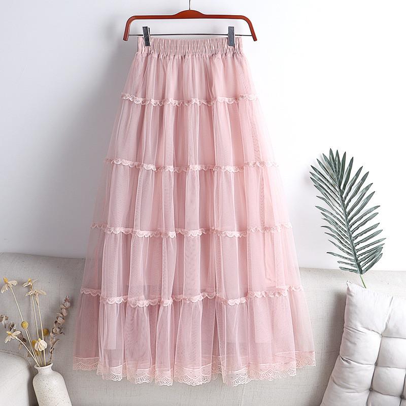 

Qooth Women Casual Solid Color Lace Tulle Skirt Elegant Elastic Waist Cake Mesh A-line Skirt For Spring Summer QT2427 One Size розовый