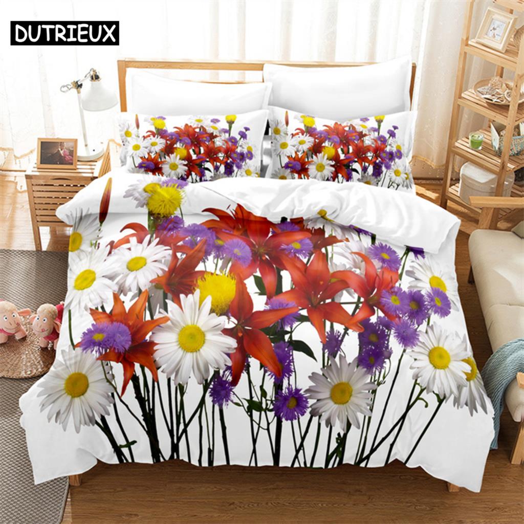White Daisy Queen Bedding Set Duvet Cover Kids Bedroom Bed Set Comforter Cover Set King Size Duvet Cover Set Bedding Sets