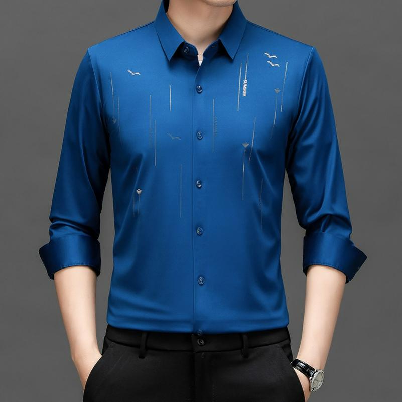 Men's Long-sleeved Shirt Seagull Print Spring and Autumn Fashion Stretch Seamless Non-iron Casual Shirt Men