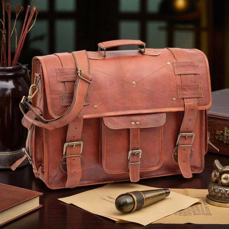 Handmade Leather Messenger Bag for Men – Vintage Briefcase Laptop Satchel with Multi-Pockets | Convertible Shoulder Bag