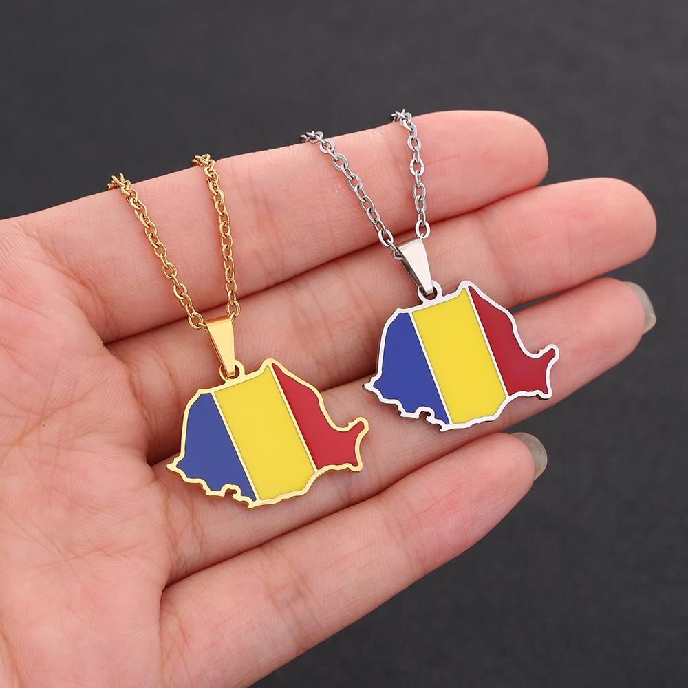 Romania Map Ethnic Style Stainless Steel Necklace for Men & Women - Trendy Titanium Drip Oil Pendant