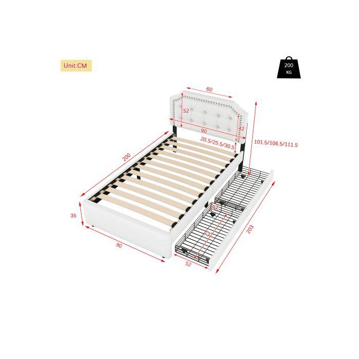 Lit - MUVOE - 90x200 cm - Beige clair - Rembourré avec tiroirs - Design élégant