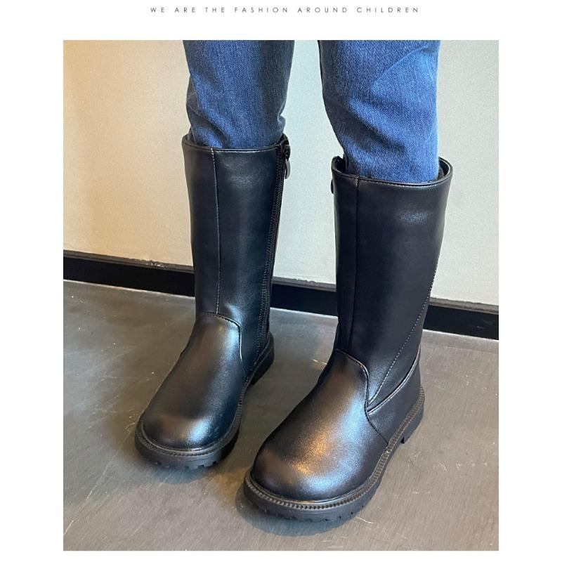 Bottes en cuir simples pour enfants à la mode Bottes longues pour filles Bottes en cuir Bottes en coton chaudes en polaire
