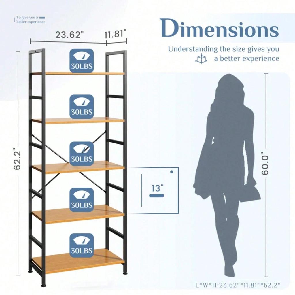 5 Tier Bookshelf, Standing Shelf, Bookcase Shelf Storage Organizer, Industrial Book Shelves For Home Office, Living Room, Kitche